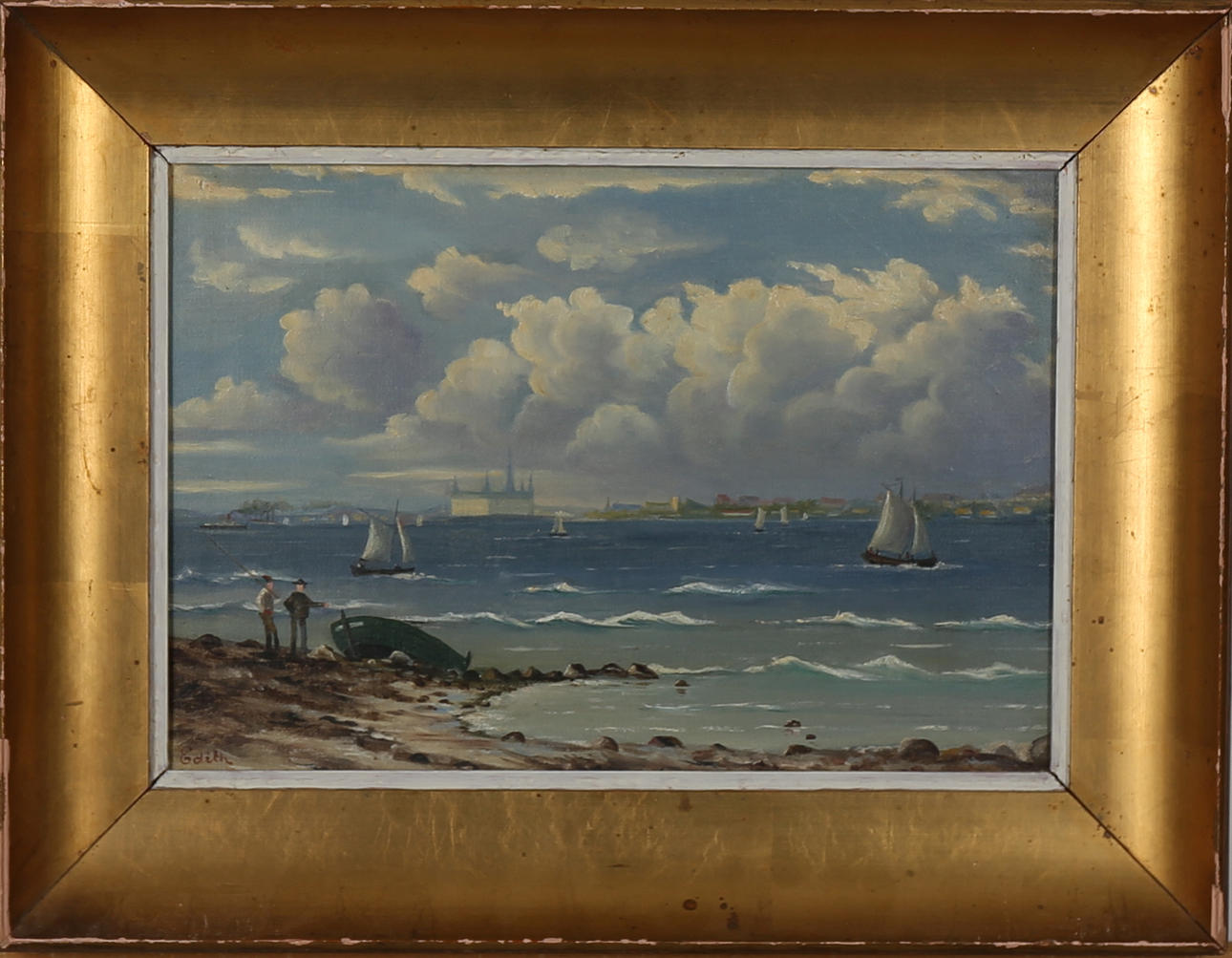 EDITH HENCKEL. Kronborgs slott vid Helsingör, olja på pannå, signrad Edith.