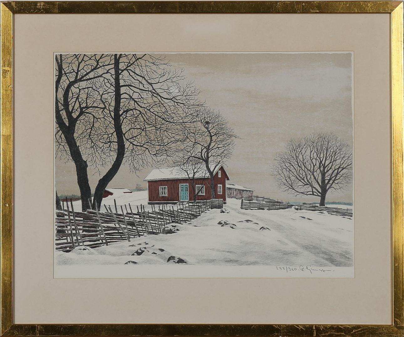 REINHOLD LJUNGGREN. Vinterlandskap med hus, färglitografi nr 292/360, signerad.