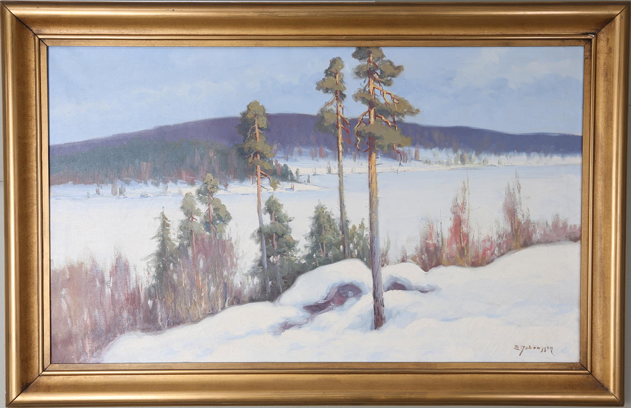 OIDENTIFIERAD KONSTNÄR. Vinterlandskap med tallar och sjö, olja på duk, signerad E. Johansson.