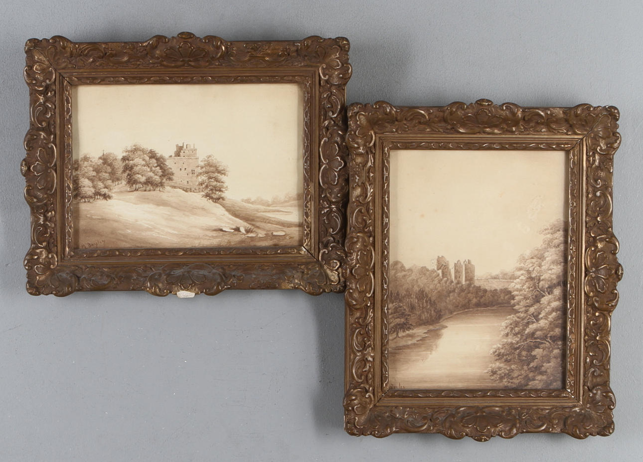 OIDENTIFIERAD KONSTNÄR. 2 st, akvareller, signerade M Bayley, 1800-tal.