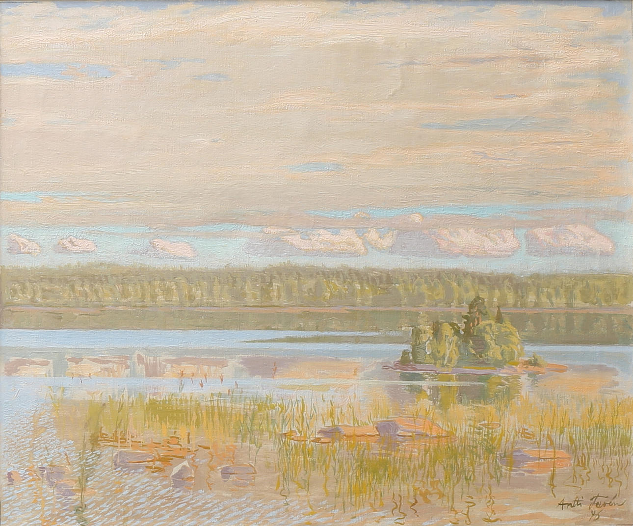 ANTTI FAVÉN. Insjölandskap. Olja på duk, signerad och daterad 46.