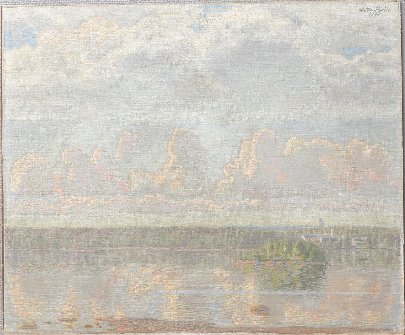 ANTTI FAVÉN. Insjölandskap med hus. Olja på duk, uppklistrad, signerad och daterad 1945.