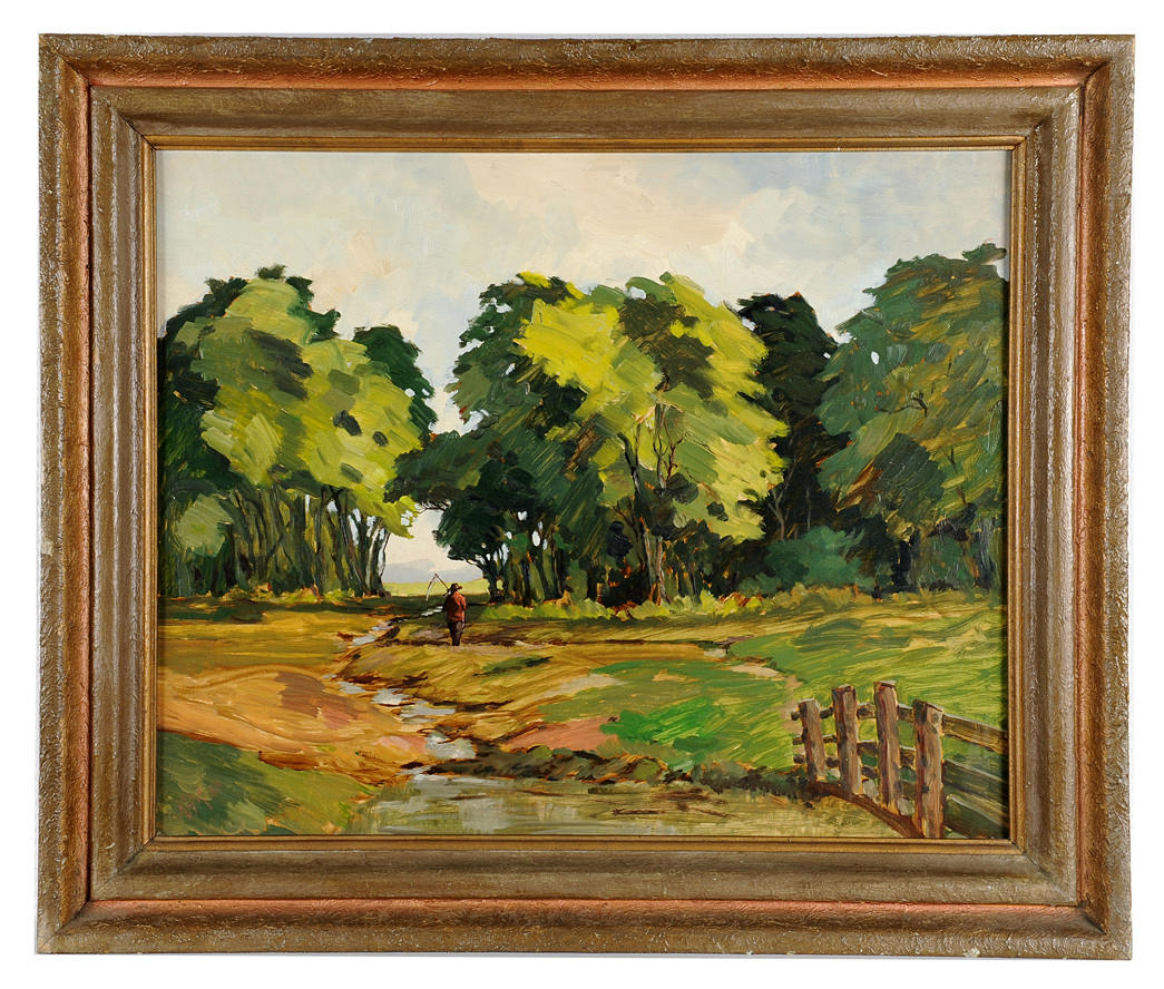 KARL HEINZ MEYER. TILLSKRIVEN. Gående bonde på ström med träd. Nuvarande impressionism.