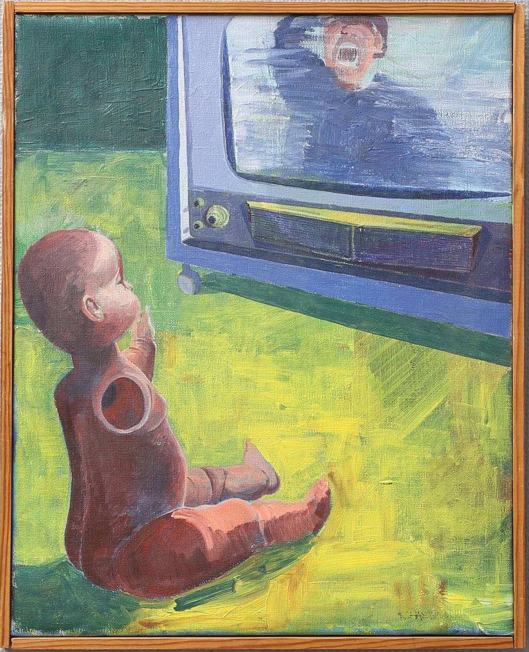 KARIN HARTVIG. Enarmad docka framför TV:n. Olja på duk, signerad.