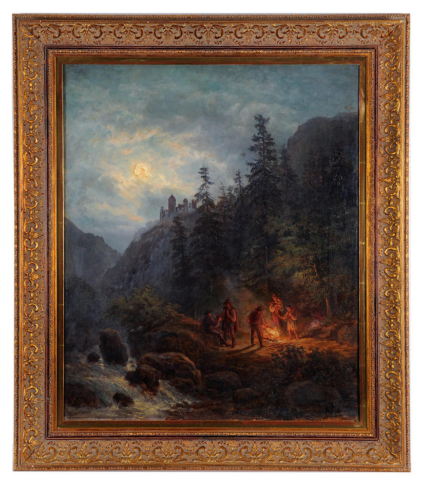 ADOLF CHEVALIER. TILLSKRIVEN. Människor värmer sig runt en lägereld i månskenet.