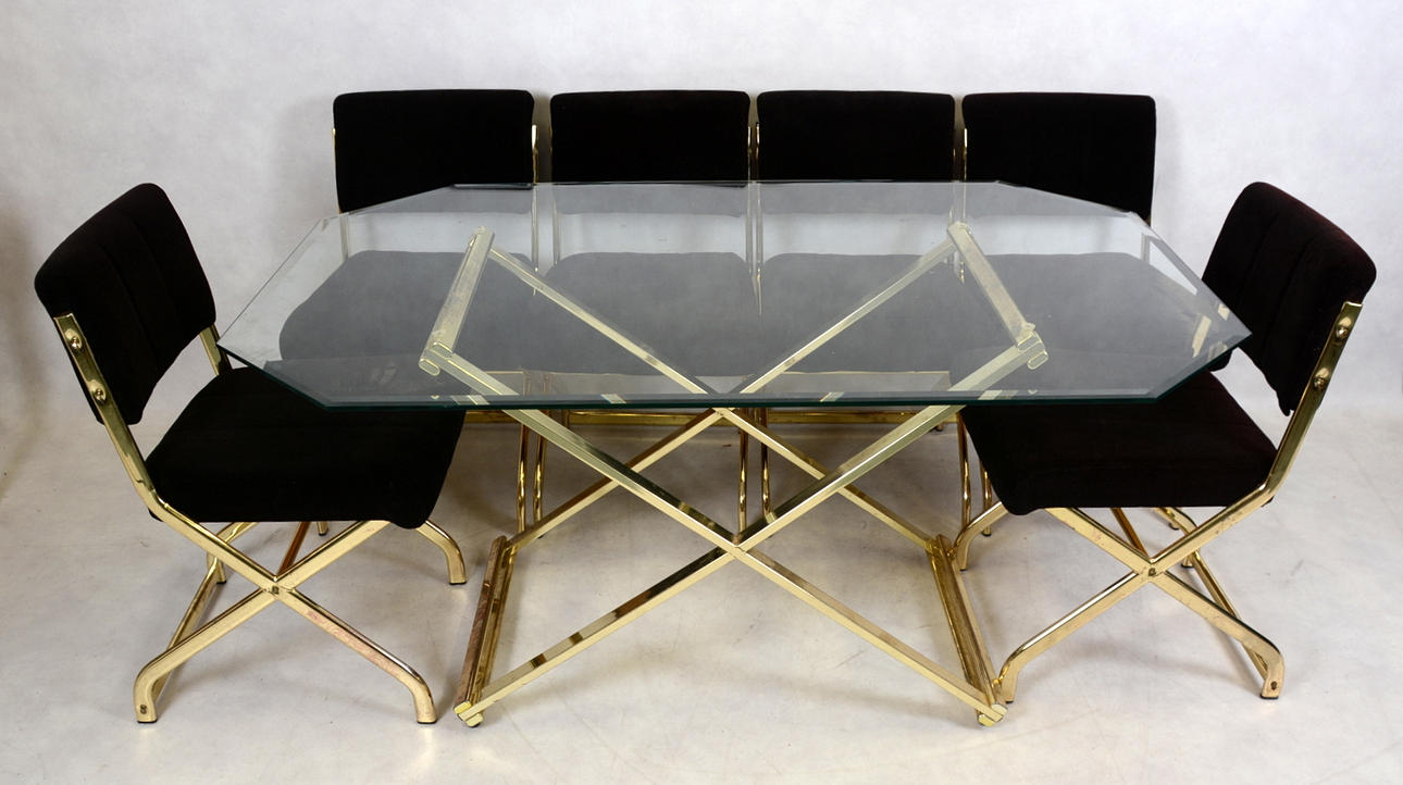 MATSALSGRUPP, 7-delar, mässing och glas, 1970/80-tal.