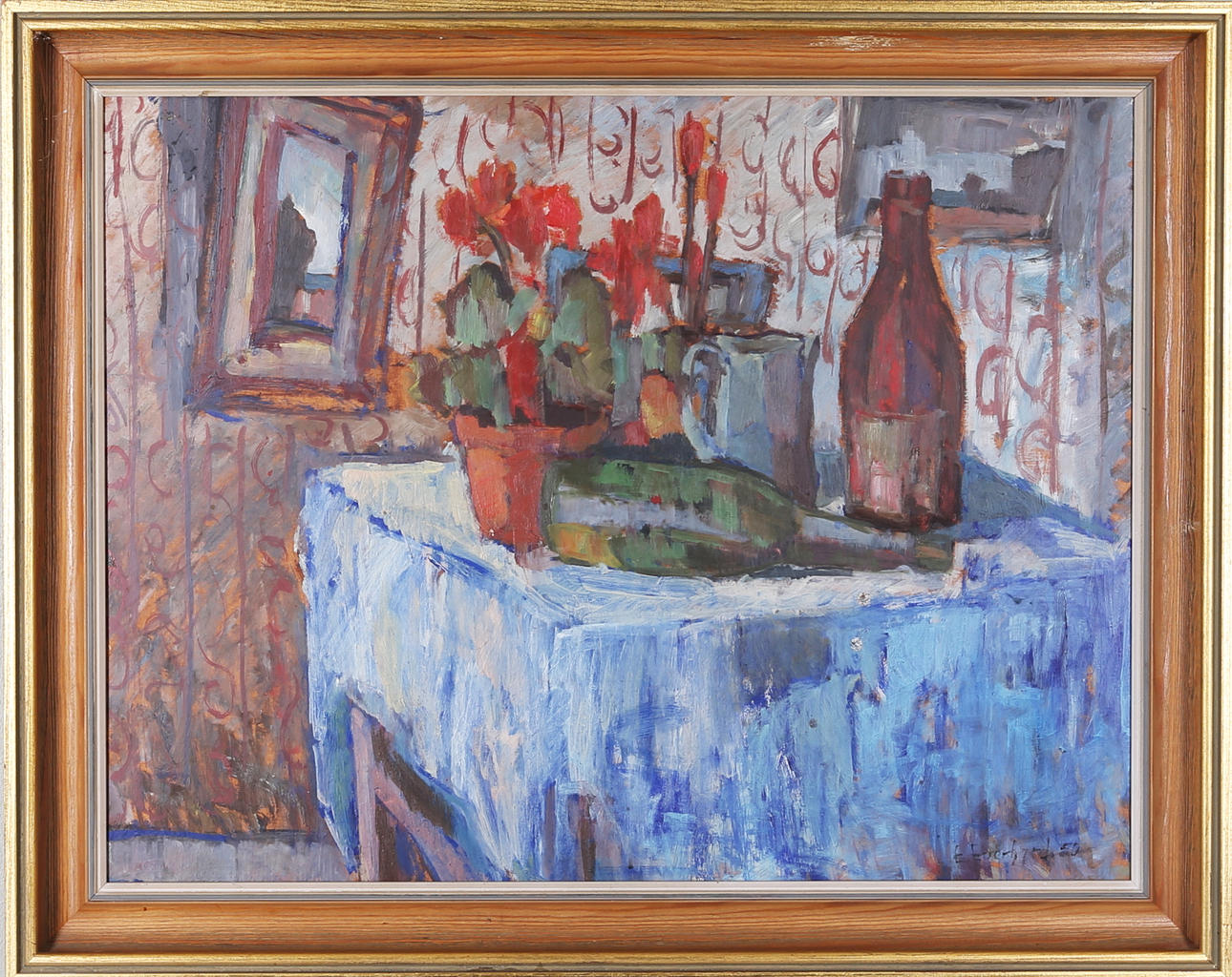 EBBE EBERHARDSON. Stilleben med flaskor, olja på pannå, signerad E Eberhard.50.