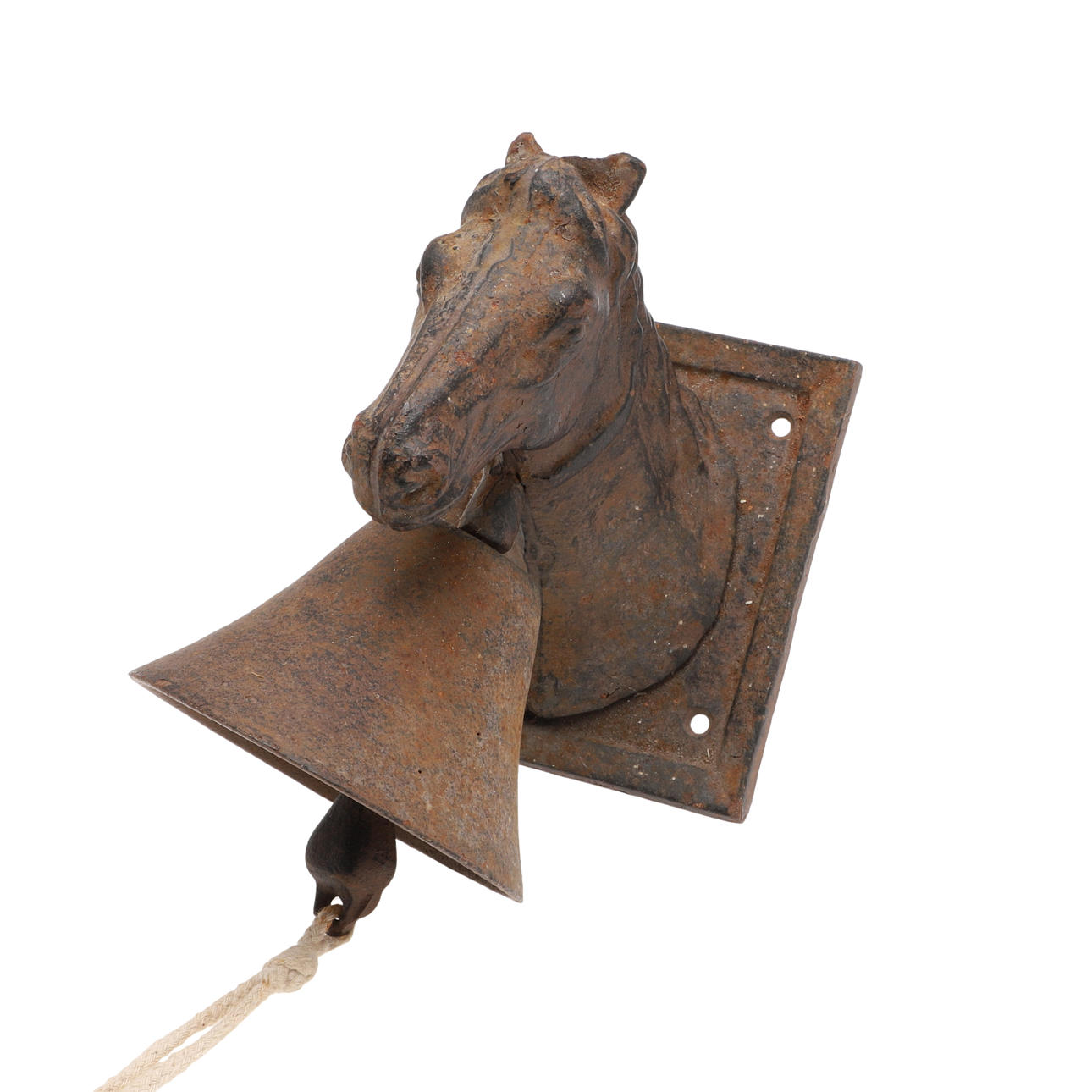 AN ANTIQUE CAST IRON WALL MOUNTED BELL.