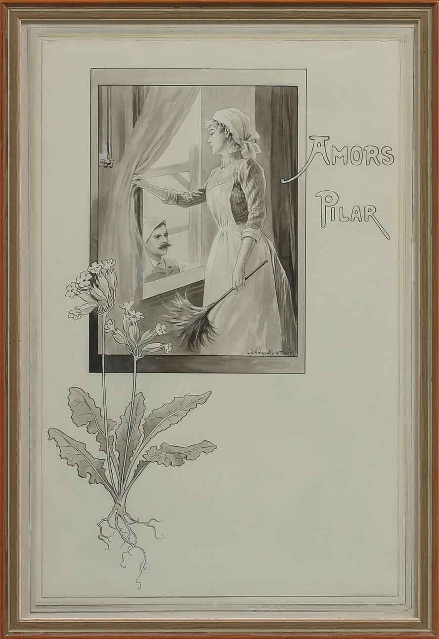 JENNY NYSTRÖM. "Amors pilar". Tusch, akvarell och täckvitt, signerad.