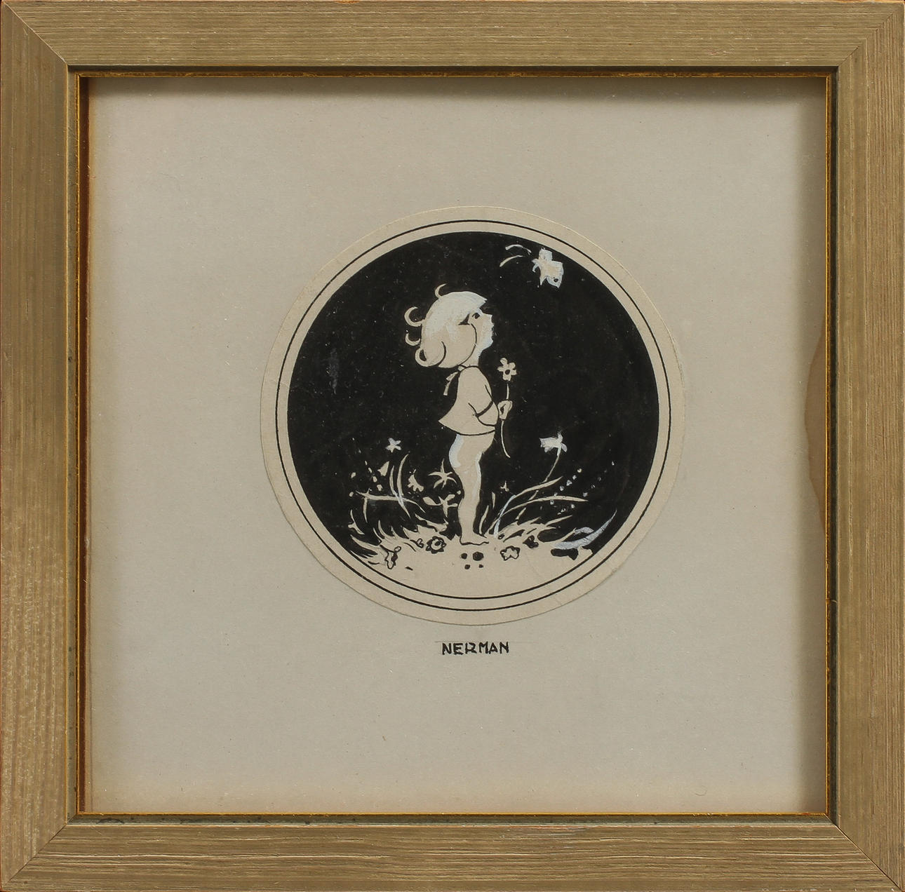 EINAR NERMAN. Pojke med blomma. Tuschlavering med täckvitt, signerad.