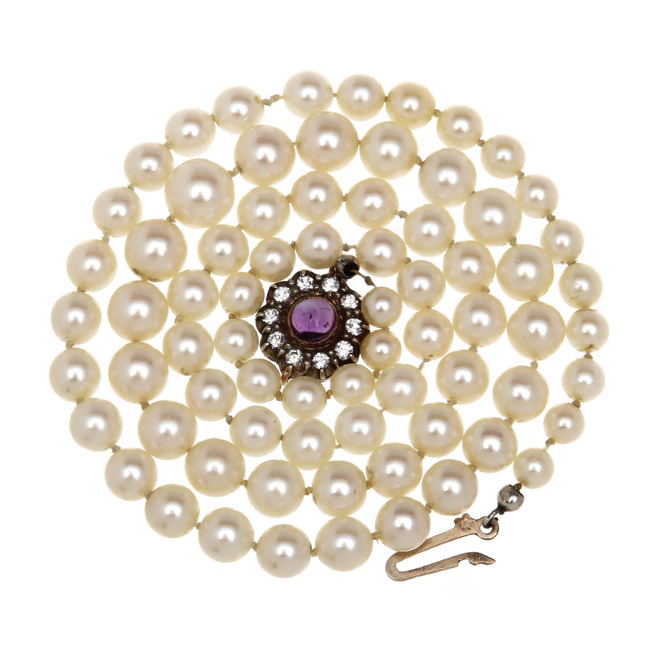 PÄRLCOLLIER, lås i 18K guld och silver prydd med ametist.