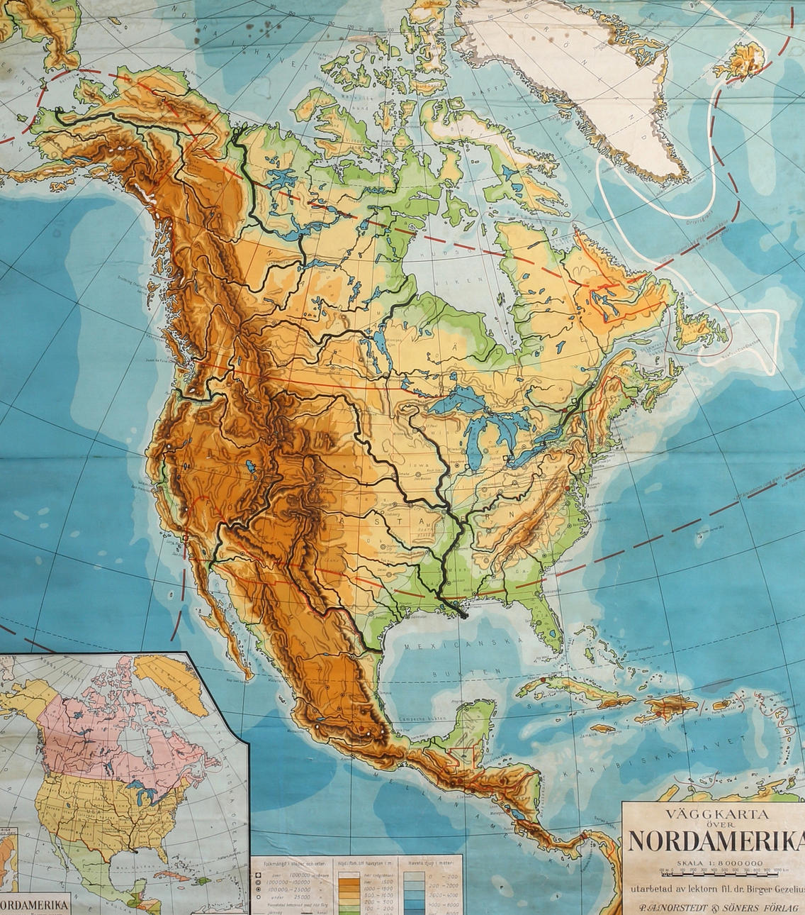 VÄGGKARTA, nordamerika, 1932.