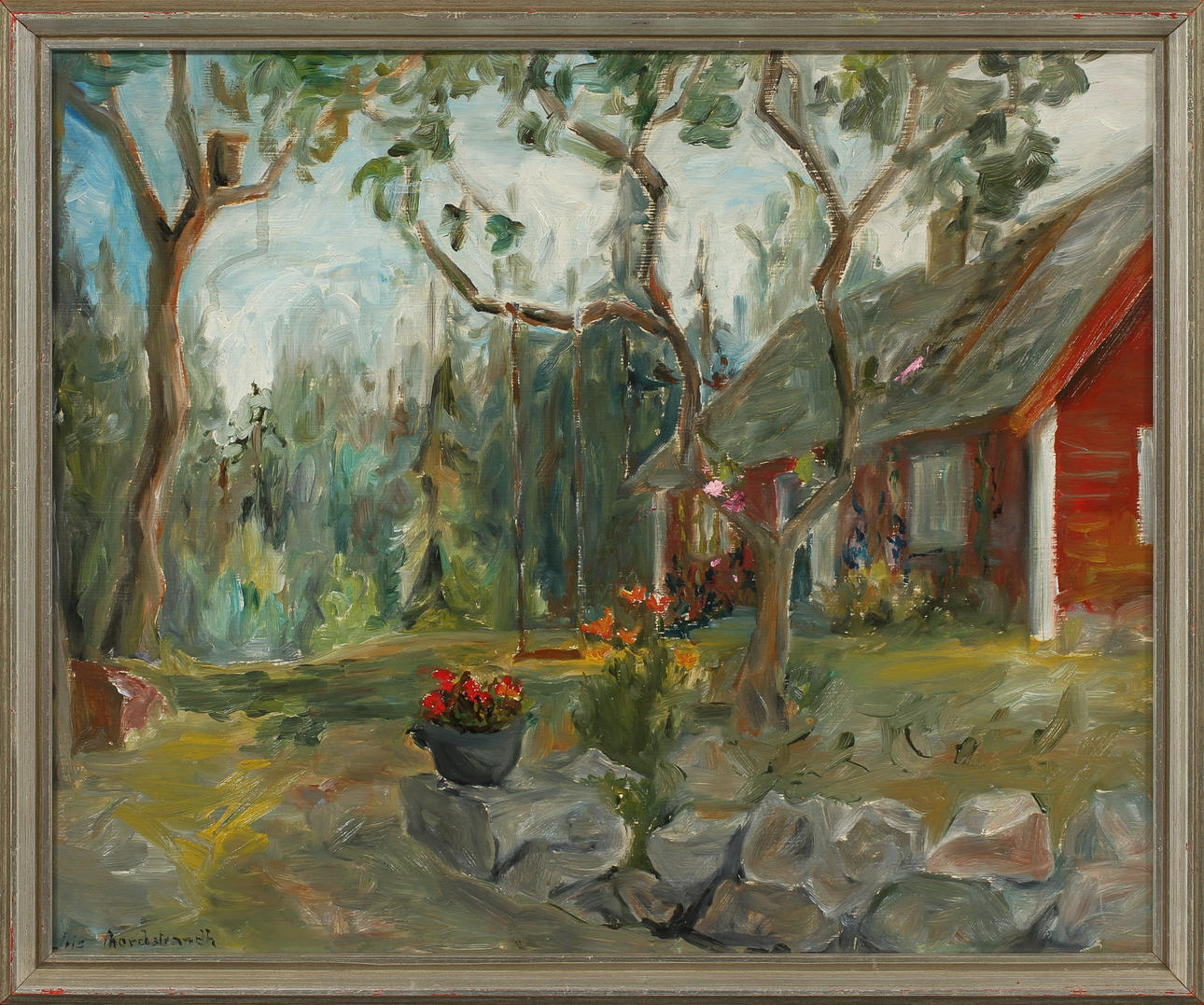 IRIS NORDSTRANDH. Stuga, olja på pannå, signerad.