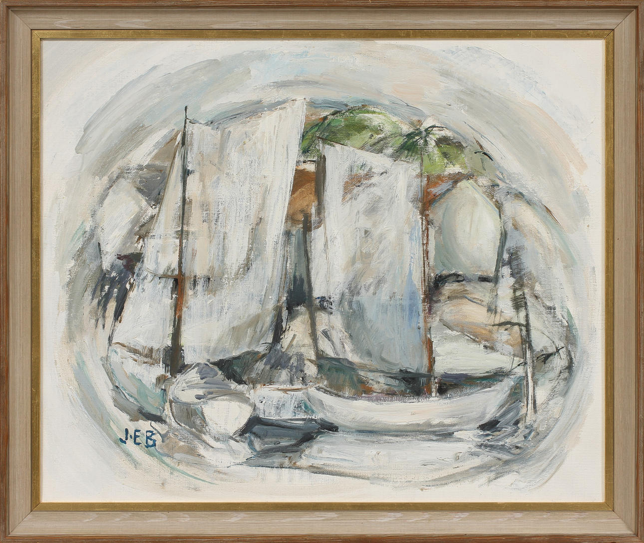 JOHN ERIK BÄCKERSTEN. "Gamla segeljollar", olja på duk, signerad.