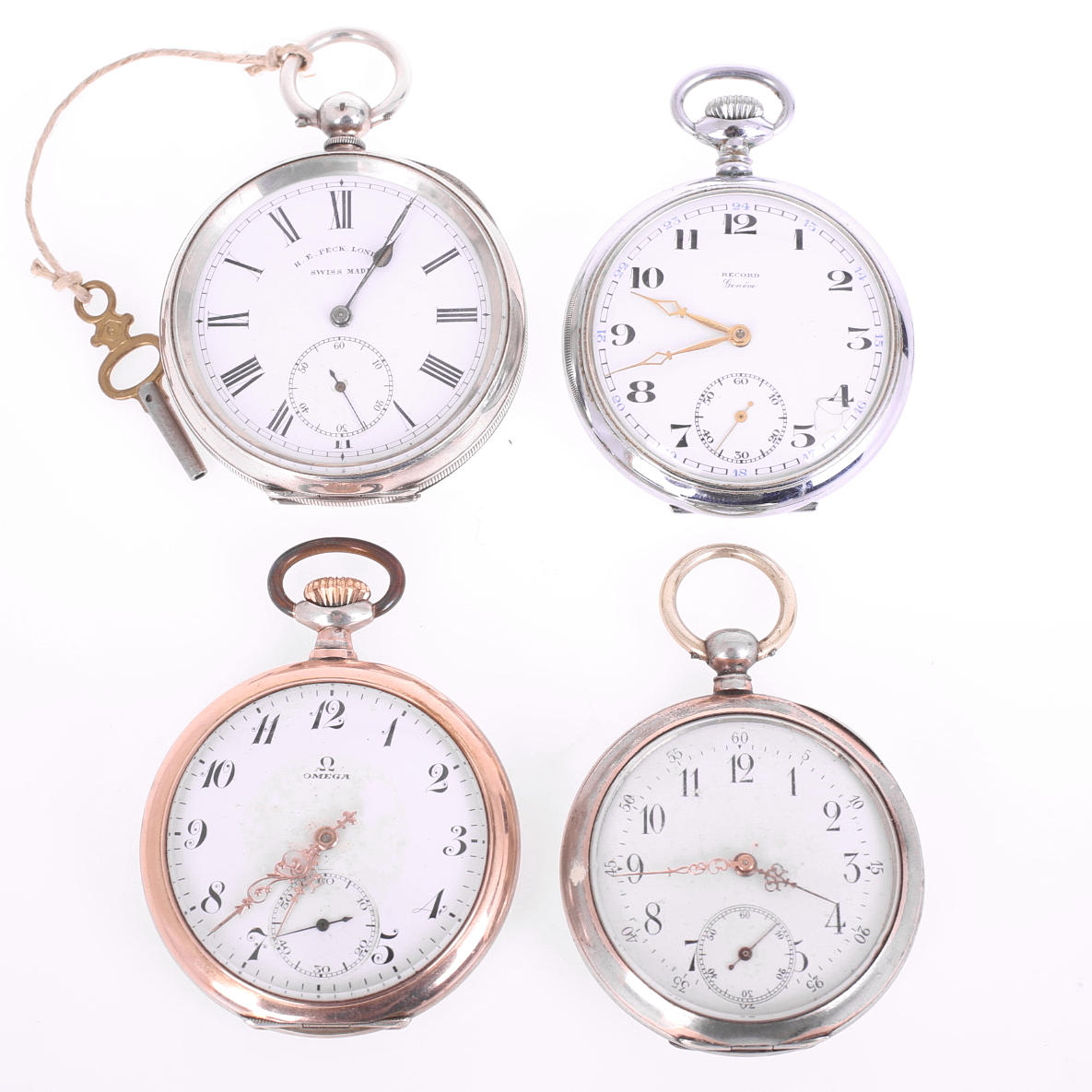 FICKUR 4 st. Record, Omega, H.E. Peck London silver 935, mfl.