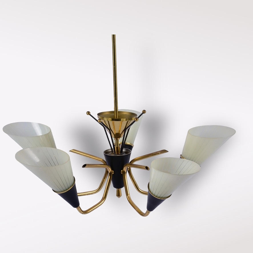 A 1950's brass and glass ceiling lamp.