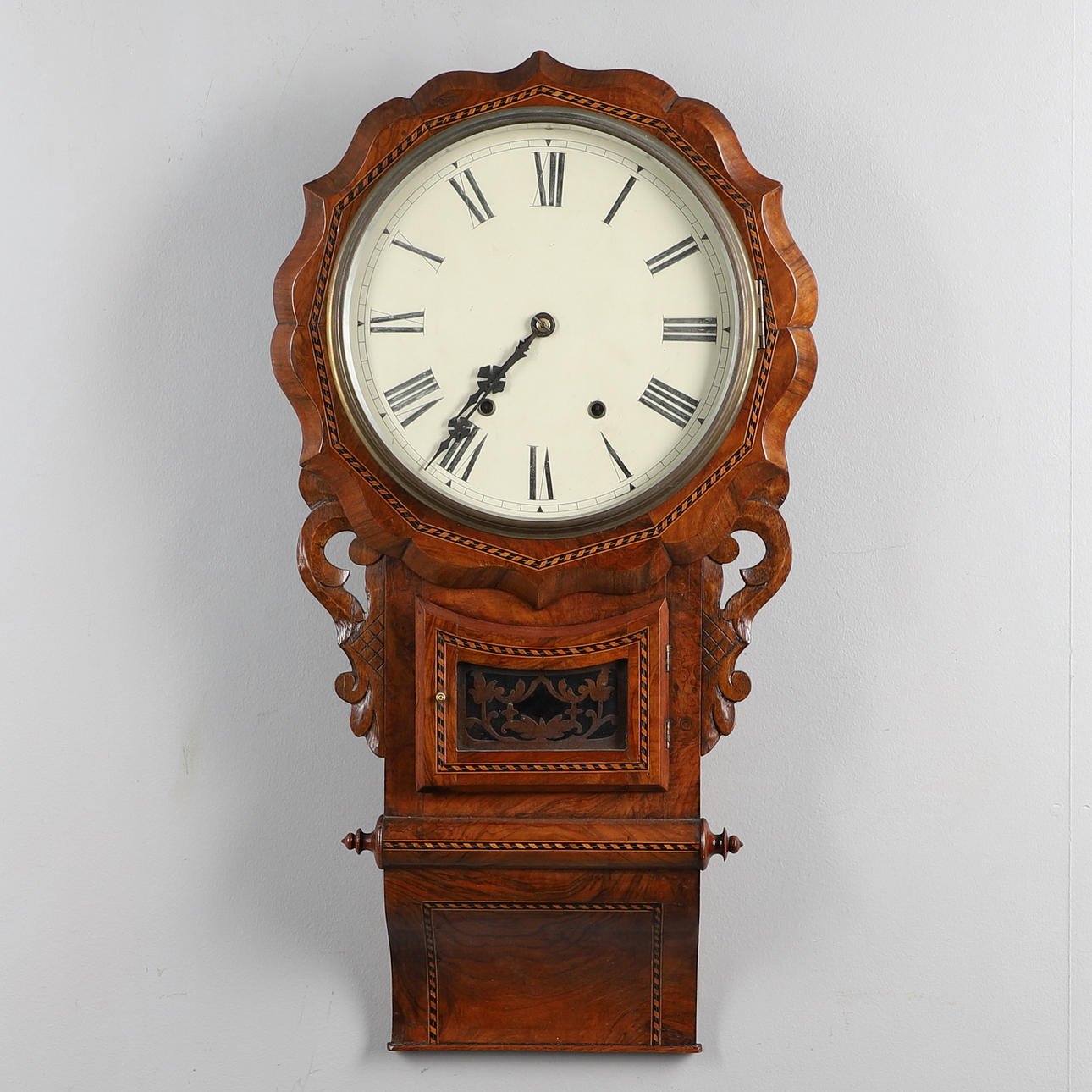 A 19TH CENTURY INLAID WALNUT DROP DIAL WALL CLOCK.