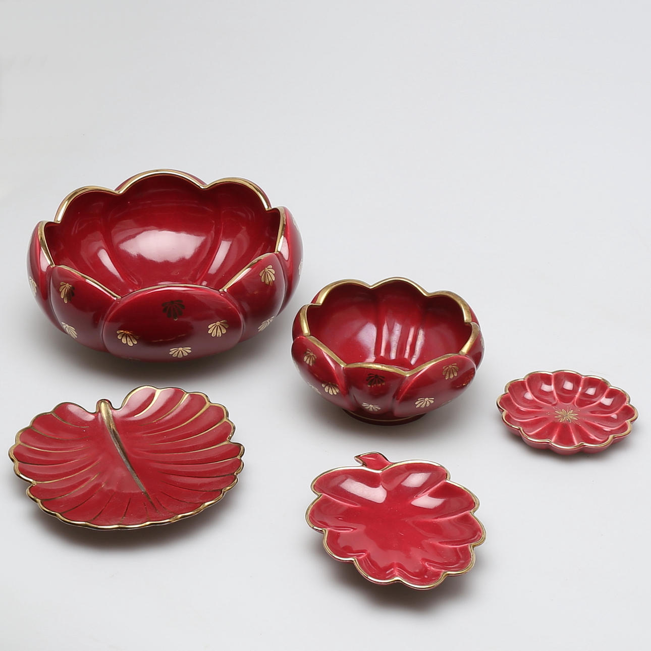 PARTI KERAMIK, 5 delar, "Röd Rubin" Arthur Percy, Upsala Ekeby Gefle.