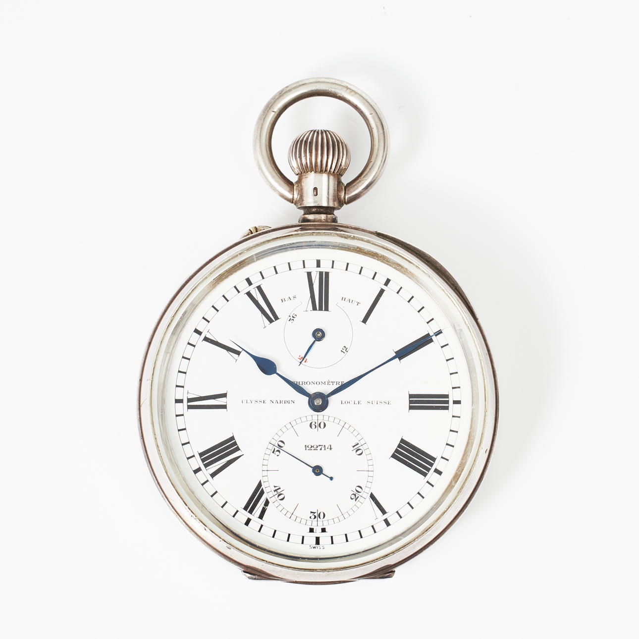 ULYSSE NARDIN, reloj de bolsillo, cronómetro, plata de ley.