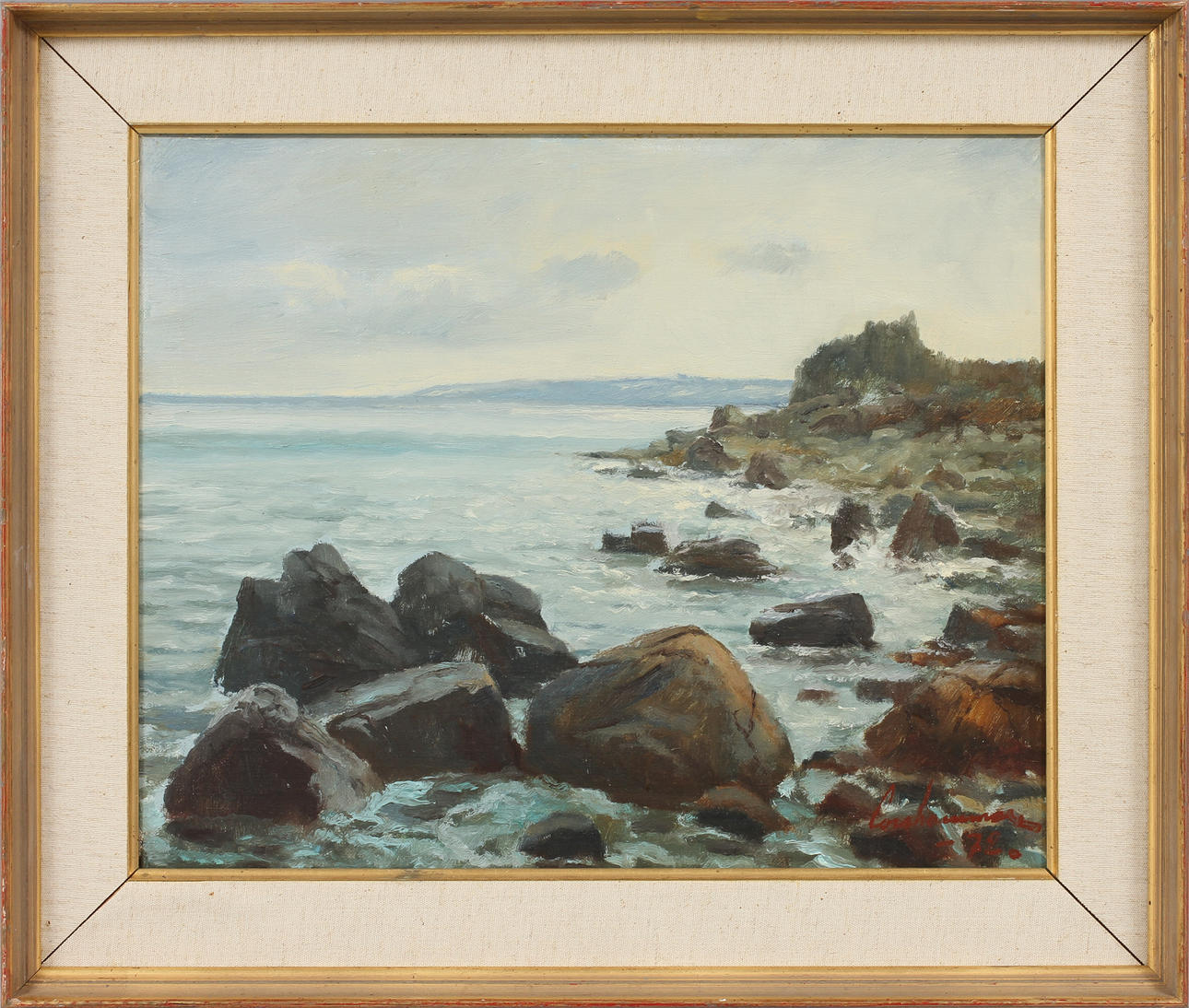 ÅKE CORSHAMMAR. "Tidig morgon vid stranden, Kattvik", olja på duk, signerad.