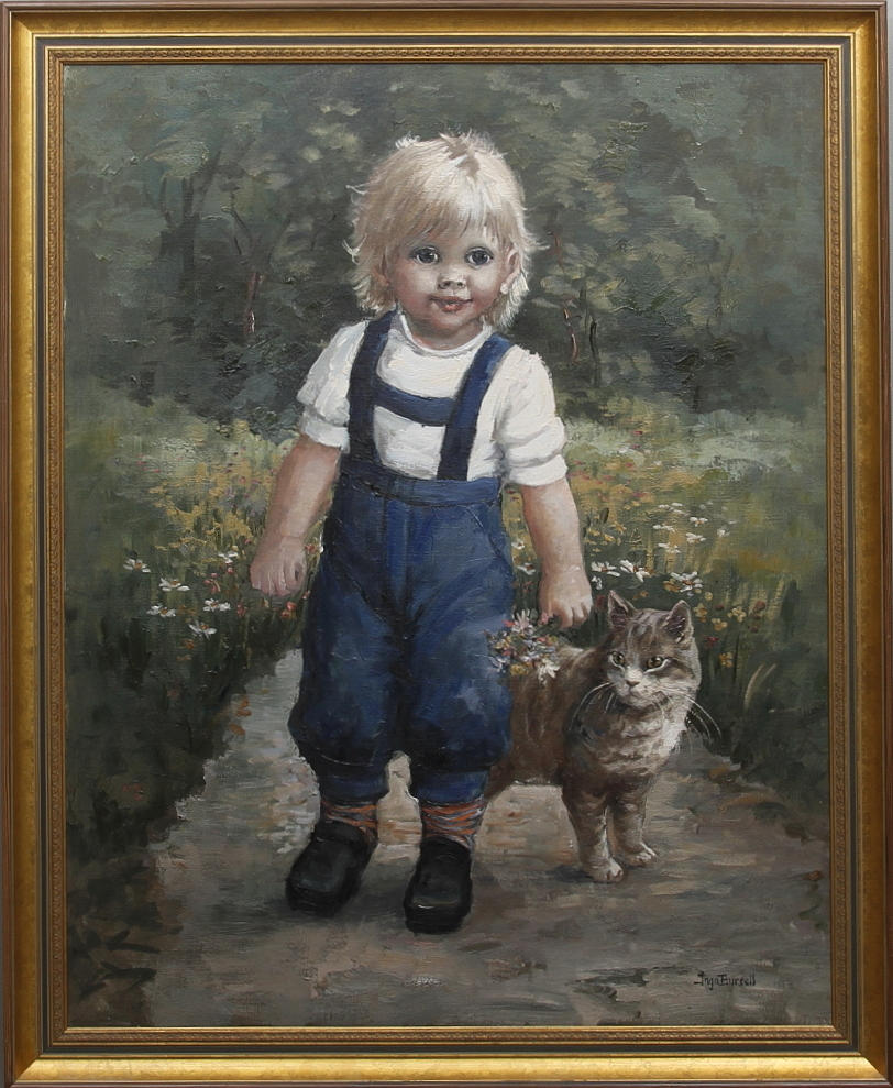 INGA BURSELL. "På promenad med morfars katt... "Olja på duk. Signerad.
