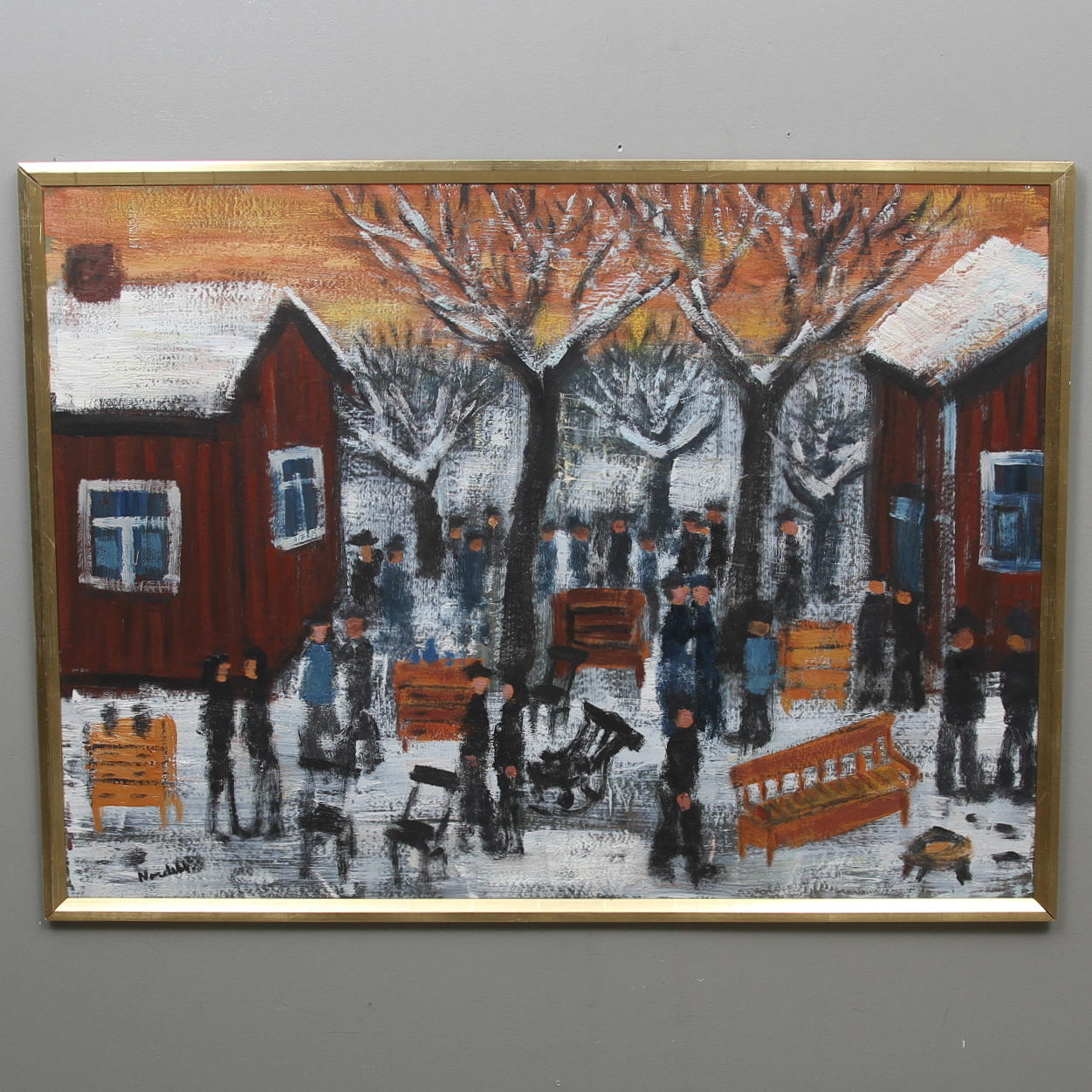 ESKIL NORDELL. "Auktion vid torpet". Olja på pannå, signerad.