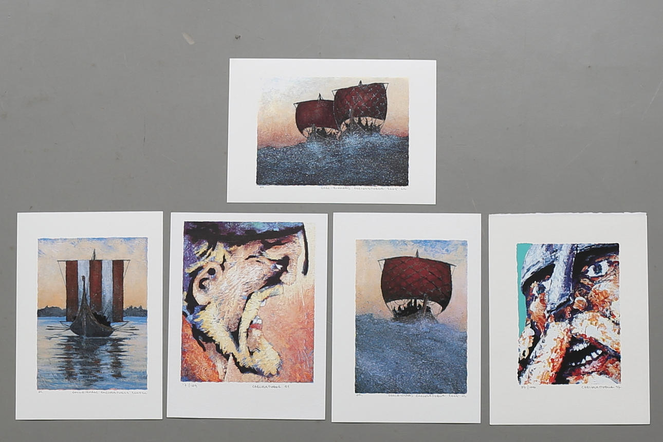 CARL-RICKARD CARLENSTIERNA. Färglitografier, 5 st, vikingamotiv, signerade, daterade -97, -99, och 2005 samt numrerade 87/100,17/189 och EA.