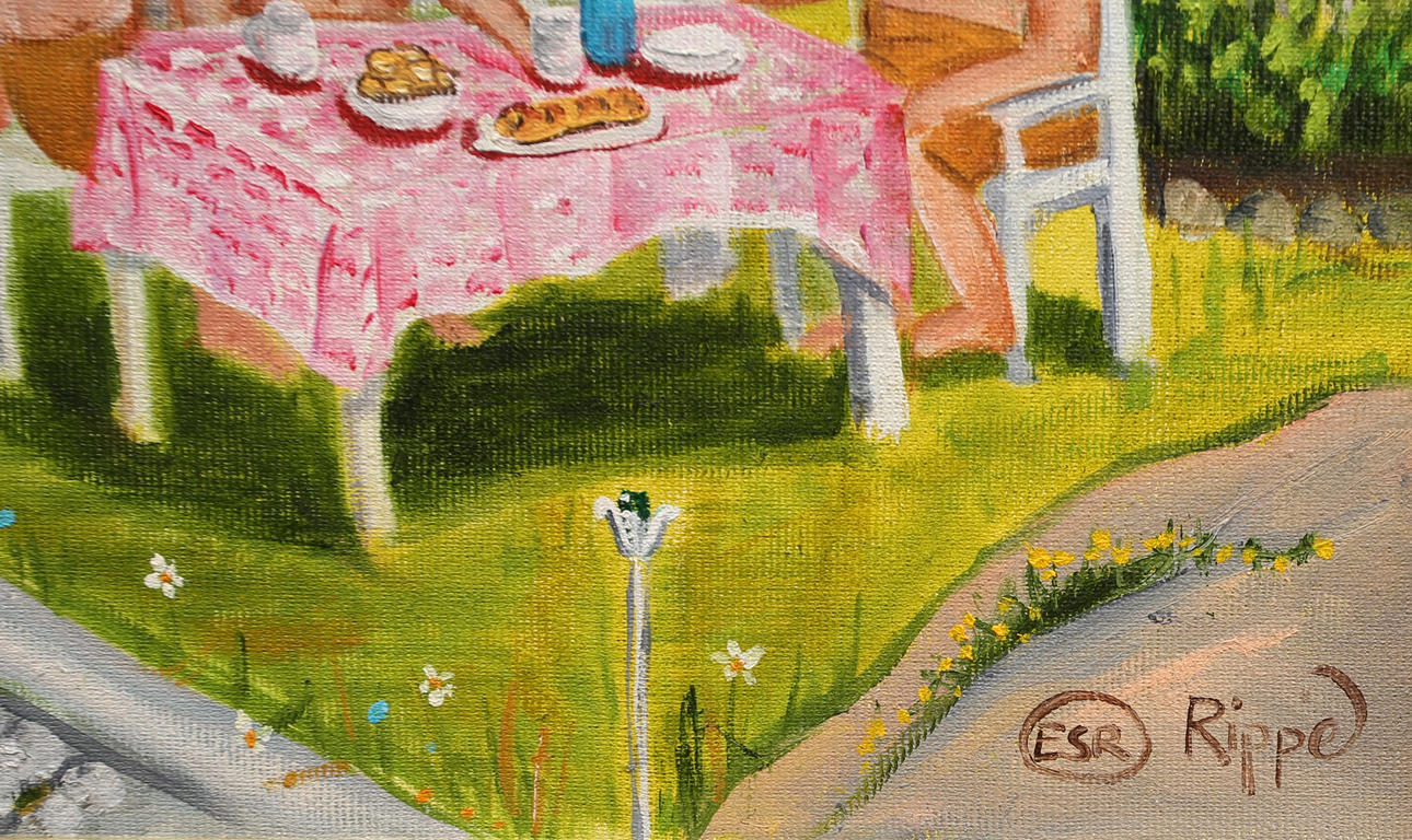 ELISABETH RIPPE. , olja på duk, kaffe med dopp, sommarbild, signerad ...