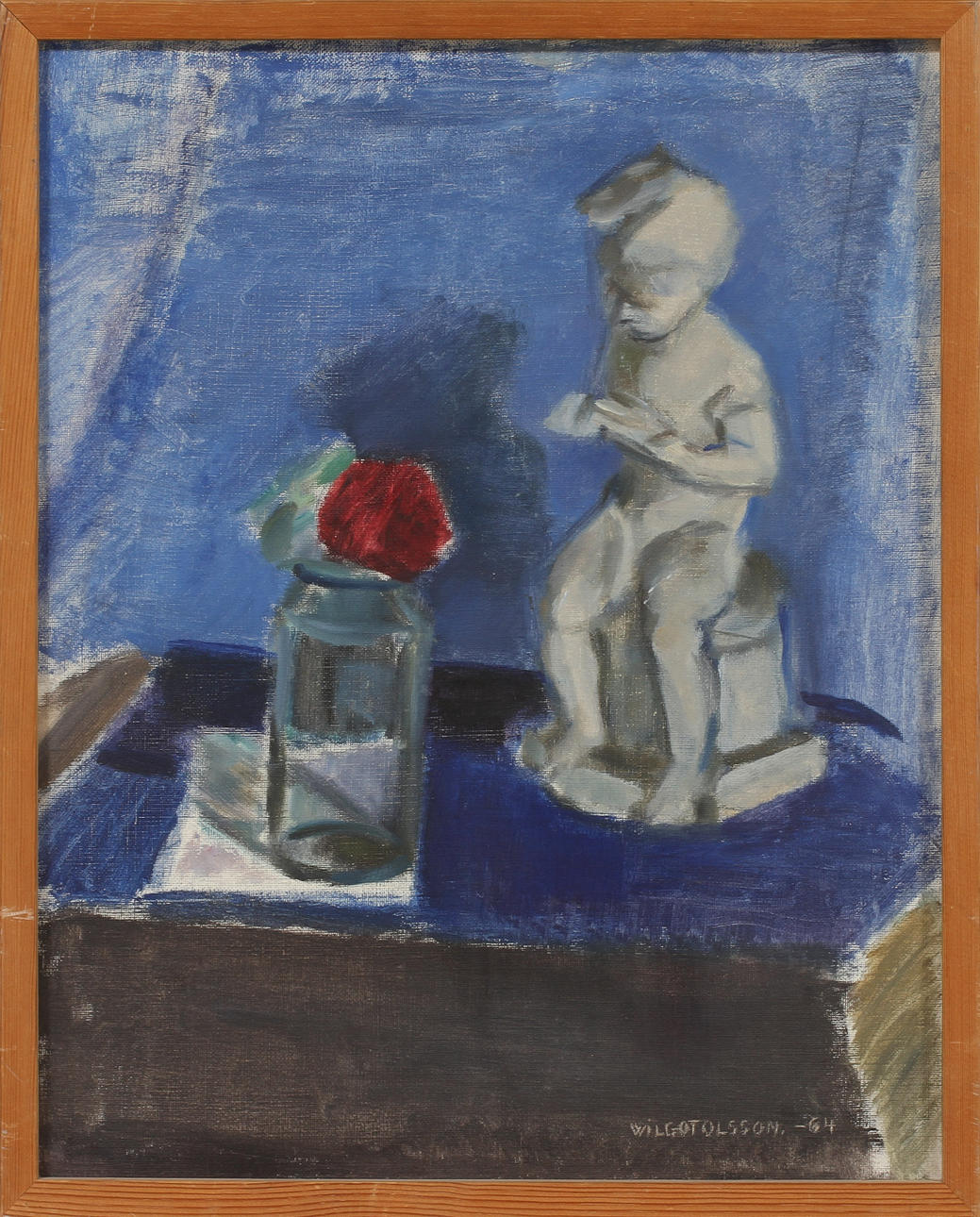 WILGOT OLSSON. Stilleben med skulptur och blomma. Olja på duk, signerad och daterad -64.