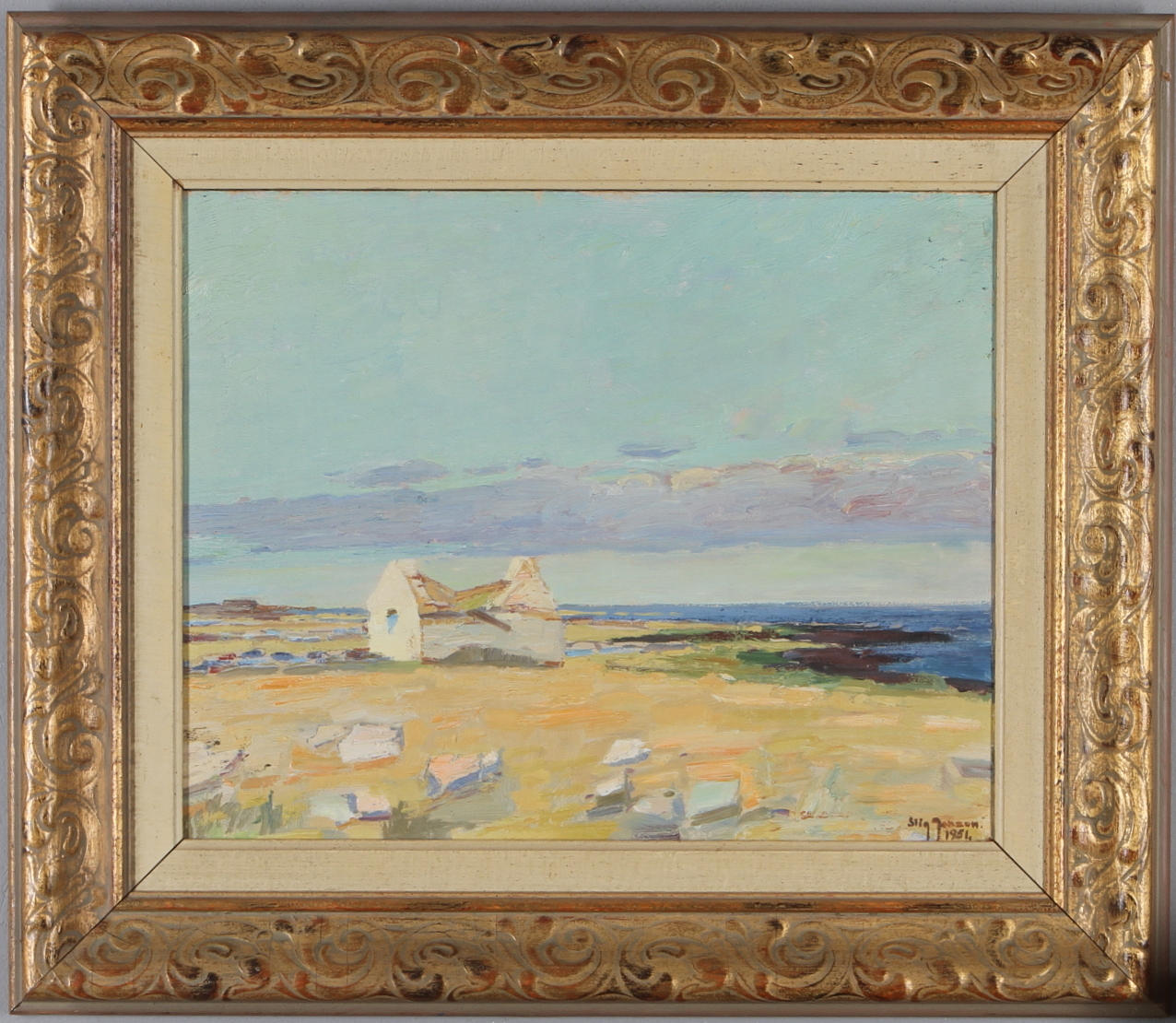 STIG JONZON. "Rasad sjöbod", olja på pannå, signerad.