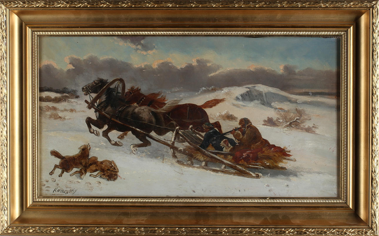 KAMINSKY. Vargjakt, olja på träpannå, signerad.