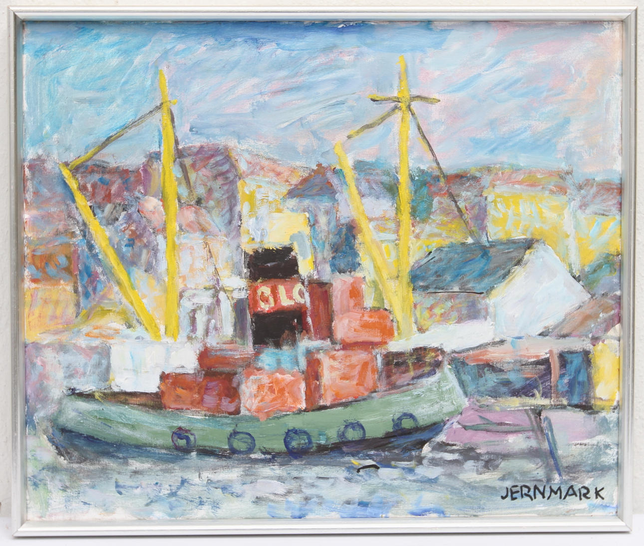 SIGGER JERNMARK. "Bokserbåt, Kustens varv". Olja på duk, signerad.