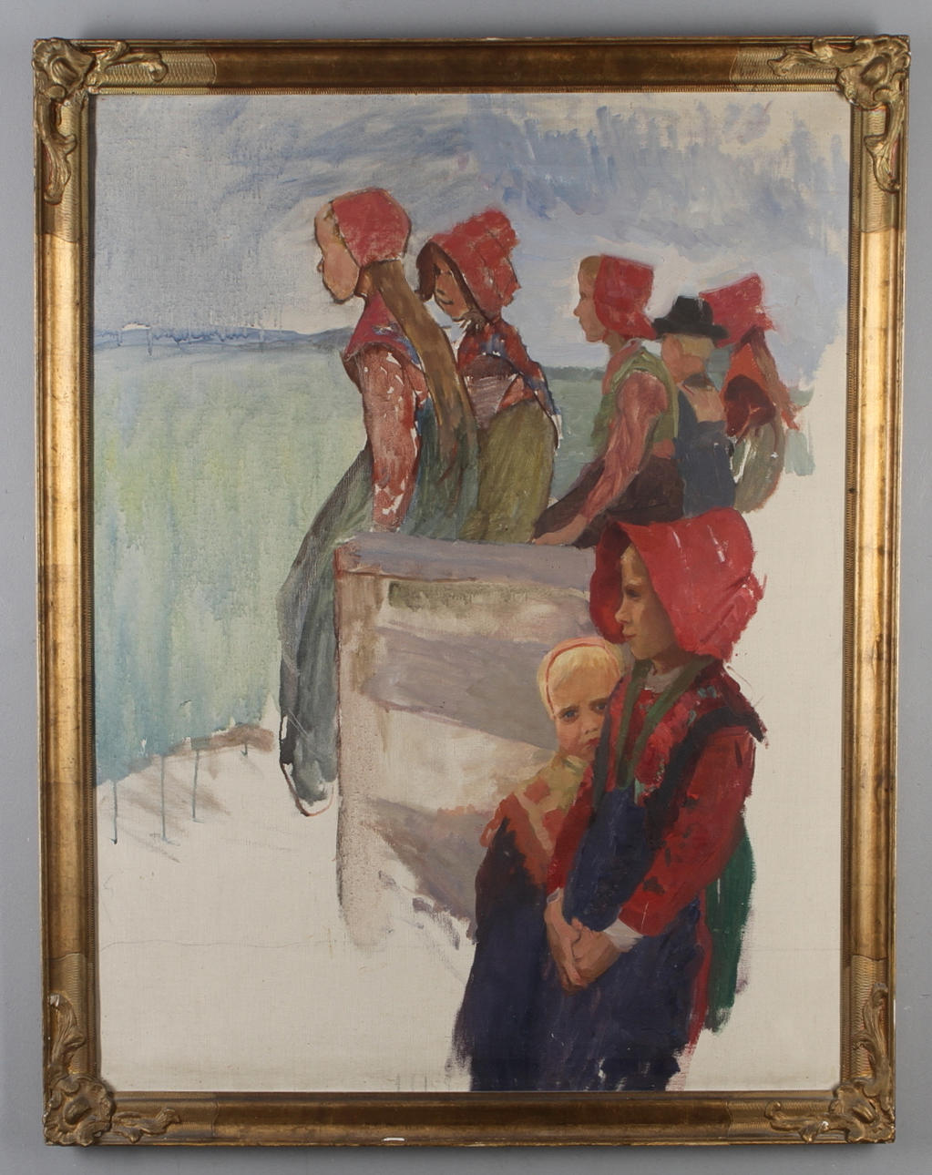 ELISABETH WARLING. TILLSKRIVEN. "Möte vid mjölkpallen", studie, olja duk, osignerad.