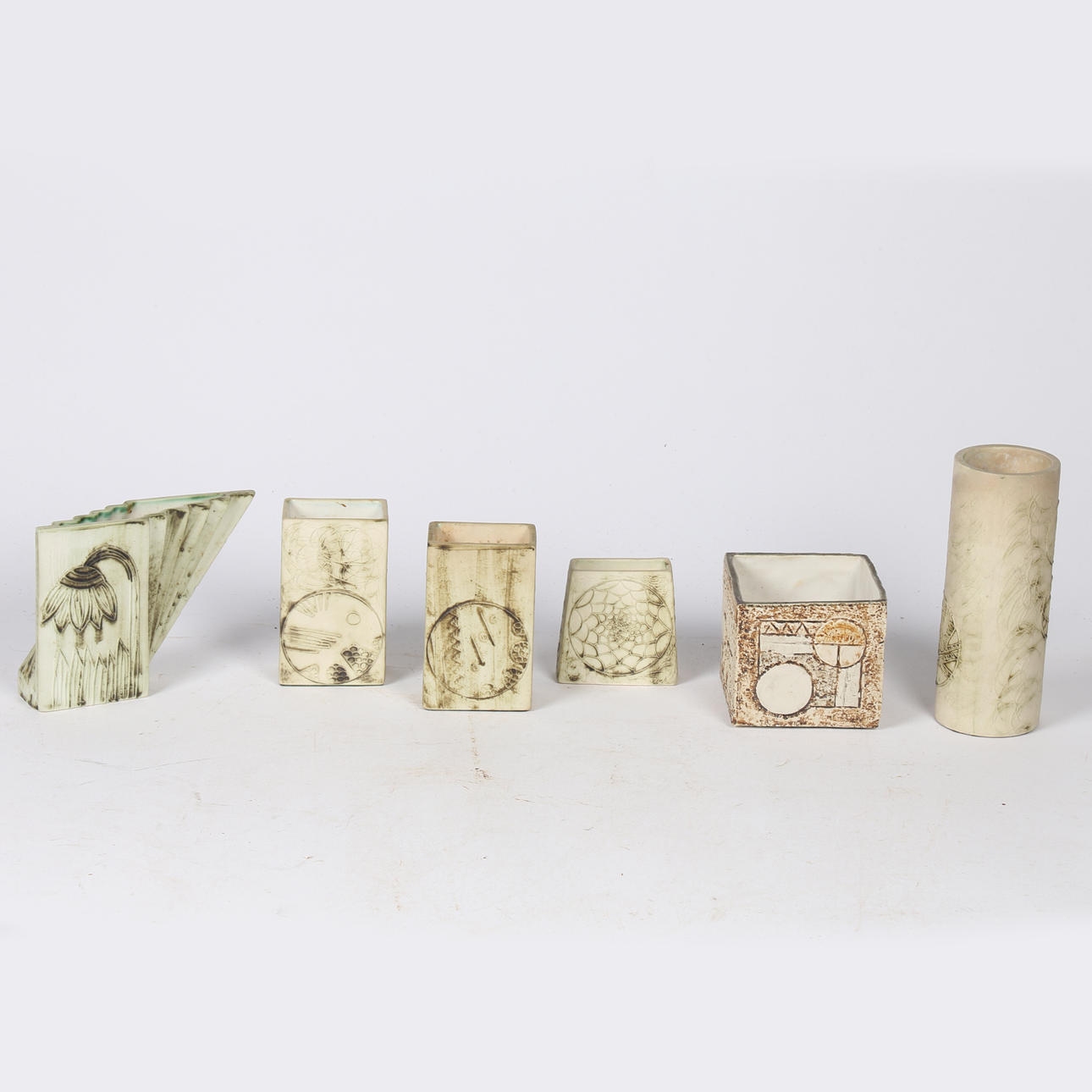 JOHN M BEUSMANS FOR CARN POTTERY. SIX VASES.