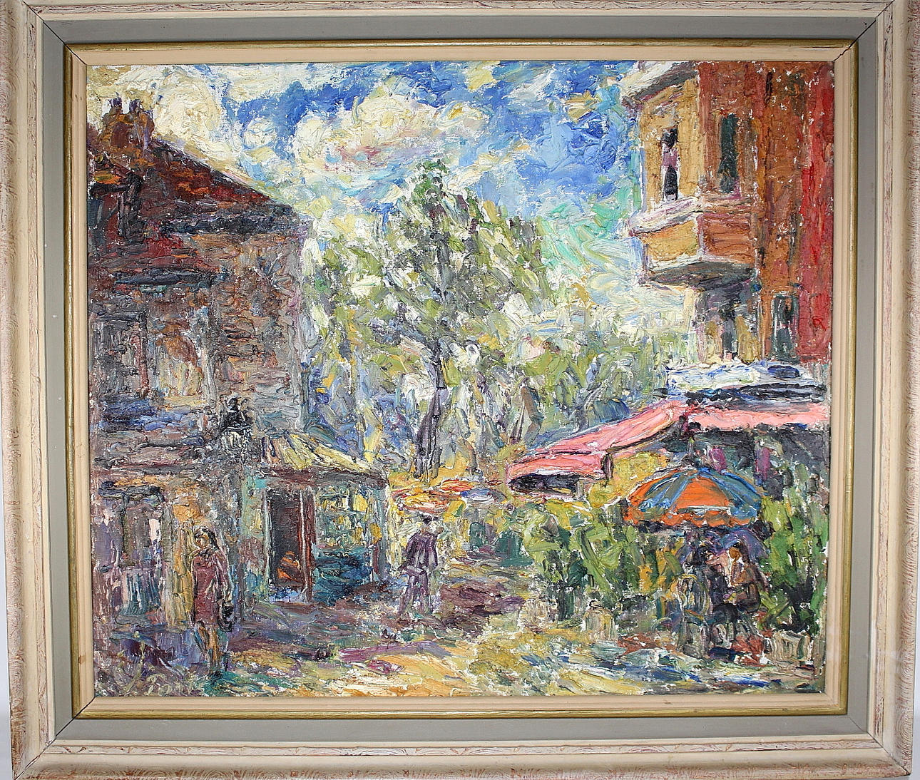 OIDENTIFIERAD KONSTNÄR. olja på duk, uteservering, signerad.