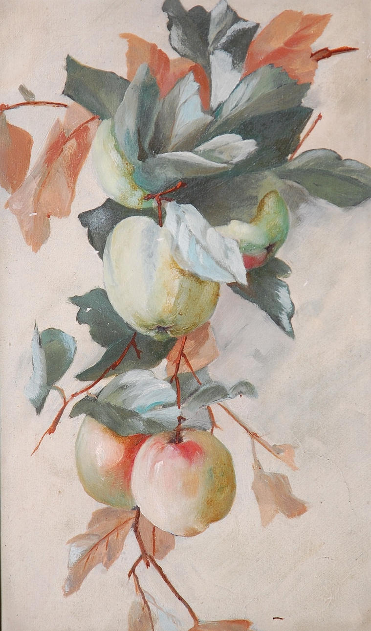 OIDENTIFIERAD KONSTNÄR. olja på pannå, Äppelkvist.