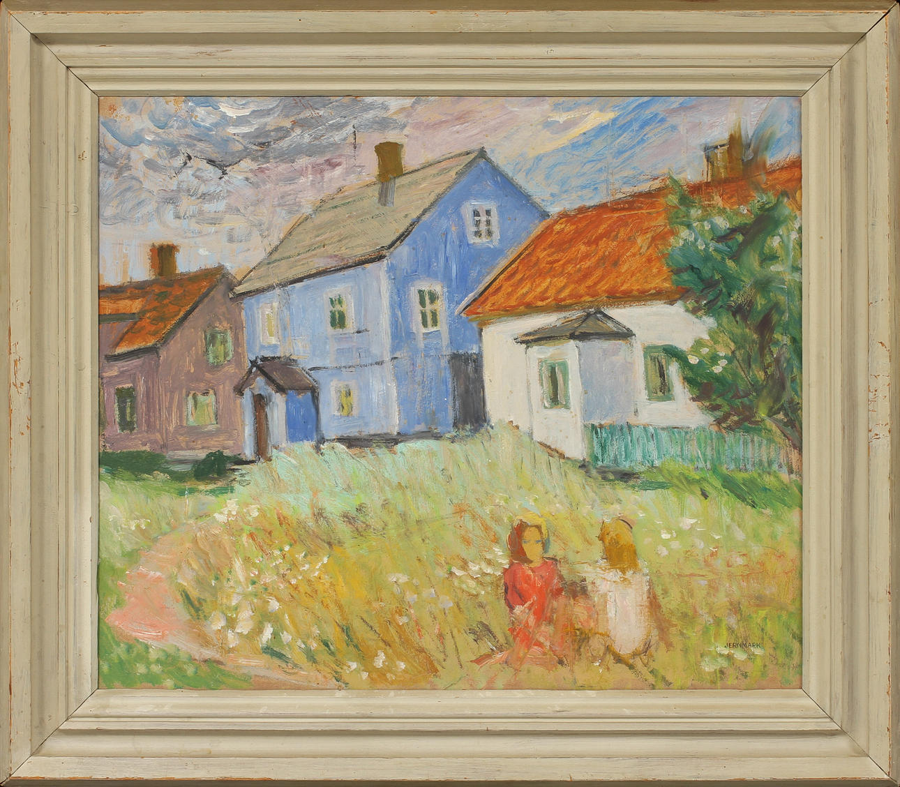 SIGGE JERNMARK. Hus och figurer, olja på pannå, signerad.