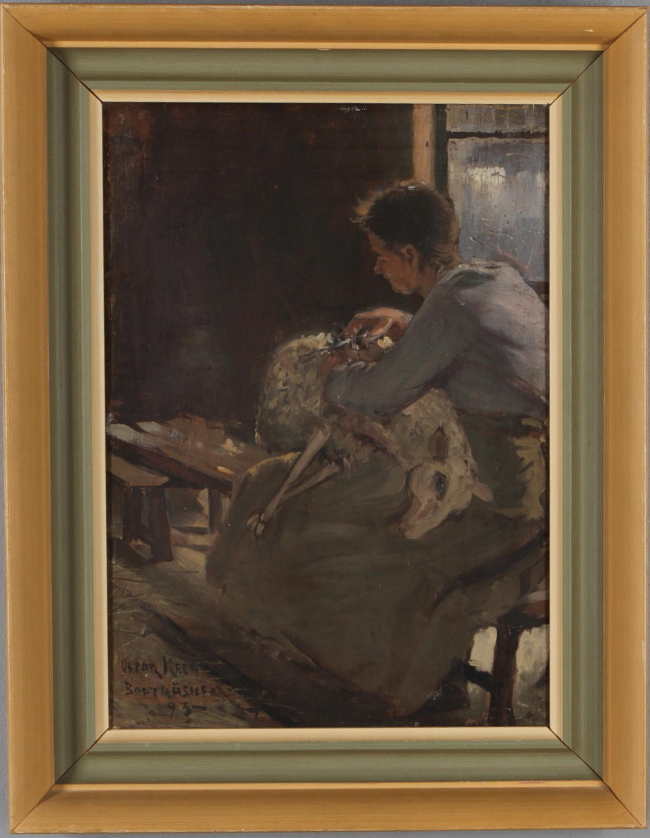 OSCAR KEEN. Fårklippning, olja på pannå, signerad, samt daterad 93.