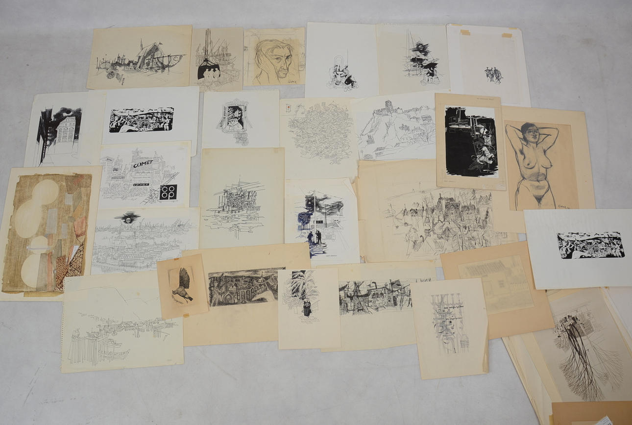 NILS HAHNE. Stort parti teckningar och grafik.