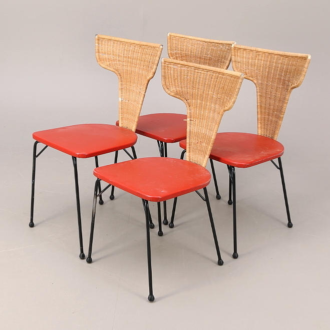 STOLAR 4 st, rotting/metall/trä, 1950-tal, möjligen Kerstin Hörlin Holmqvist.