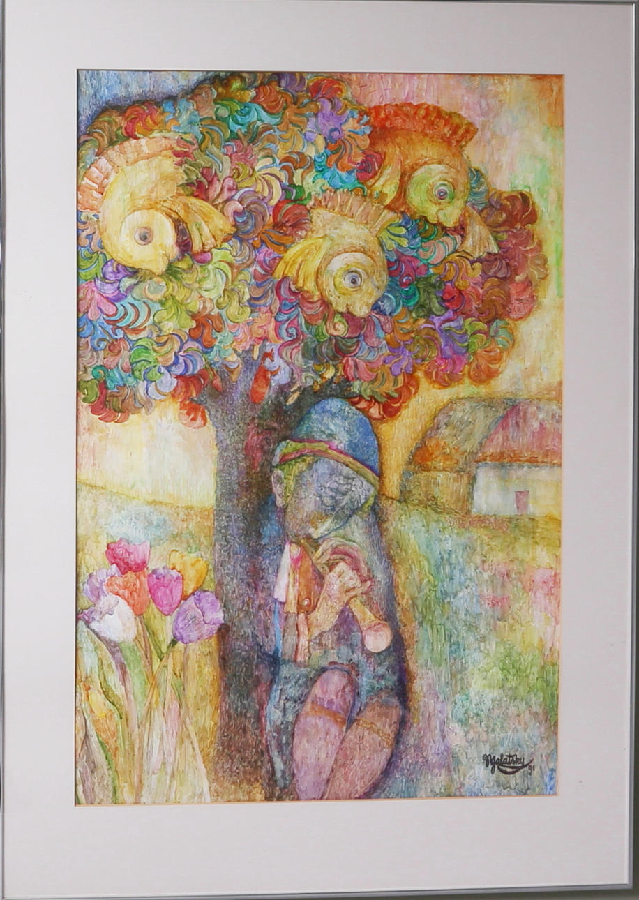 VLADIMIR GALATSKY. Guldfiskarna i trädet, goache, signerad och daterad 91.