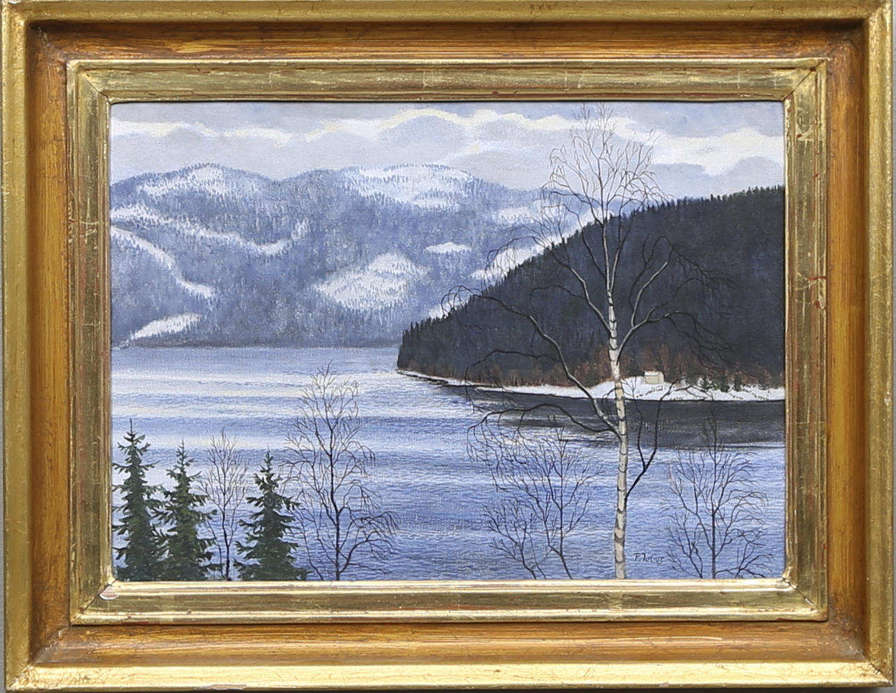 PER JULIUS. Vinterlandskap med vattendrag och björkar. Olja på duk, signerad.