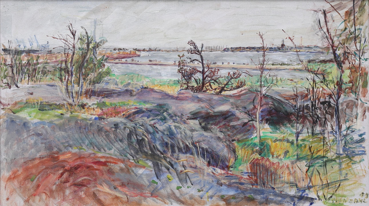 STEN LINDAHL. Olja på duk, Oskarshamns hamn, signerad, daterad -84 ...