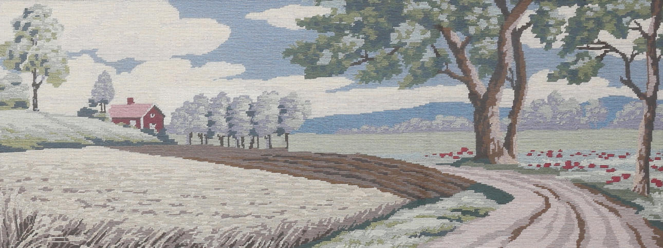 BRODERET MALERI, landligt landskab.