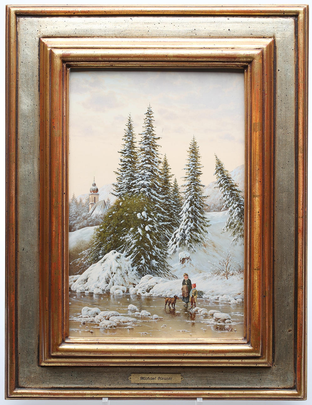 MICHAEL, HESNER (GEB. 1944 GRAZ). vinterlandskap med barn och deras hund på isen.