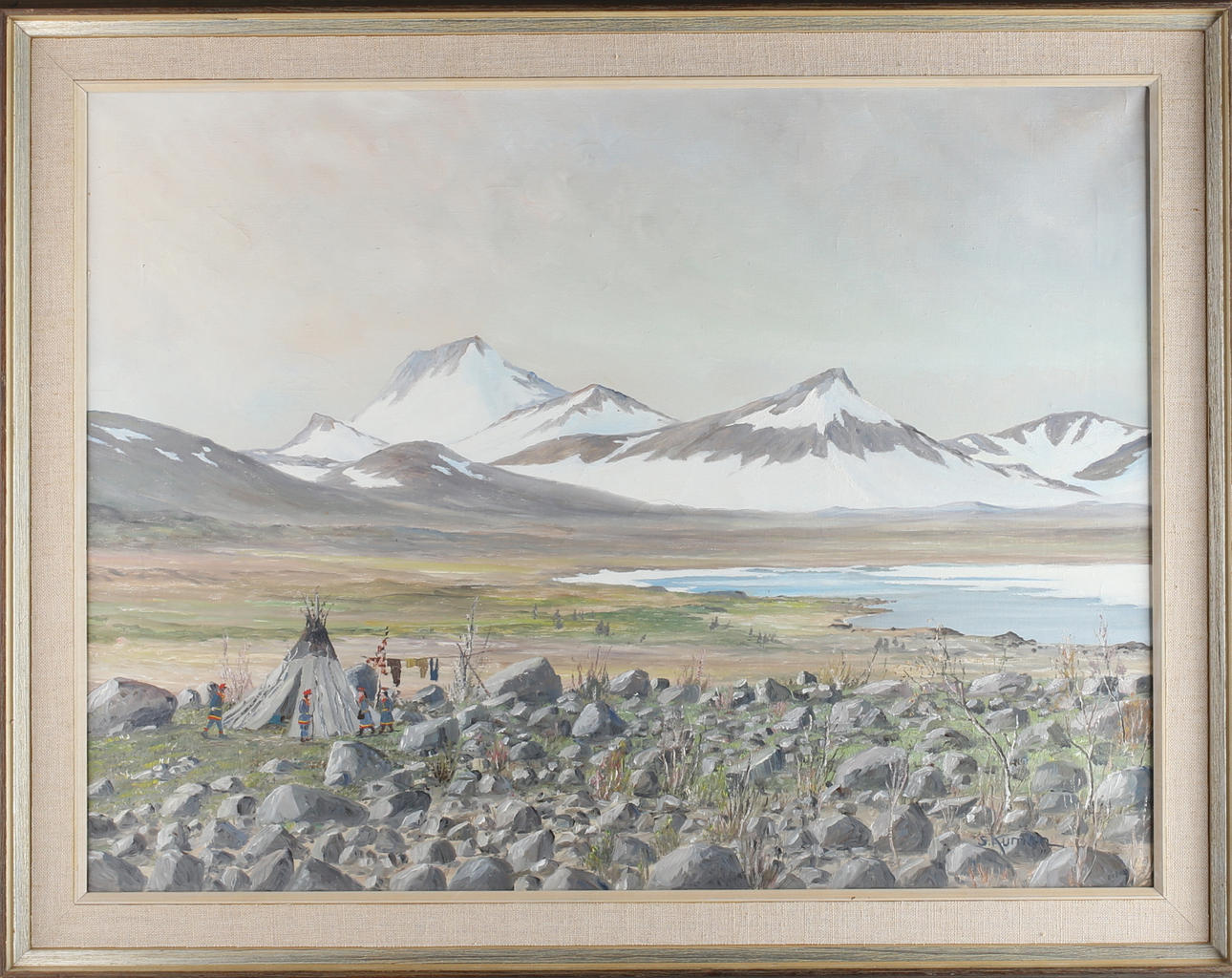 SVEN KUMLIN. "Lappar vid Sårjåsjaures", olja på duk.
