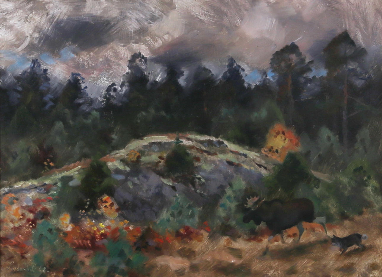 LINDORM LILJEFORS. "Älgjakt Uppland", olja på pannå.