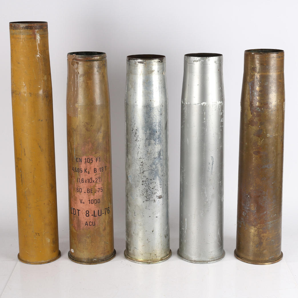 FIVE LARGE CALIBRE MODERN SHELL CASES.