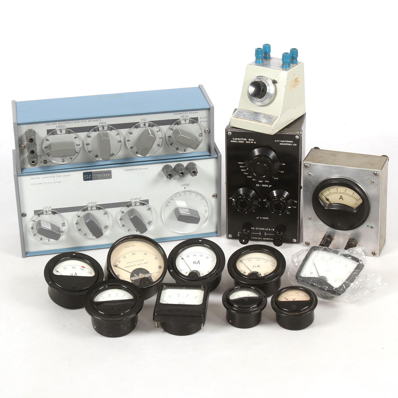 INSTRUMENT, 13 pcs, including Decade Capacitor Type DK4 AV, Danbridge Denmark.
