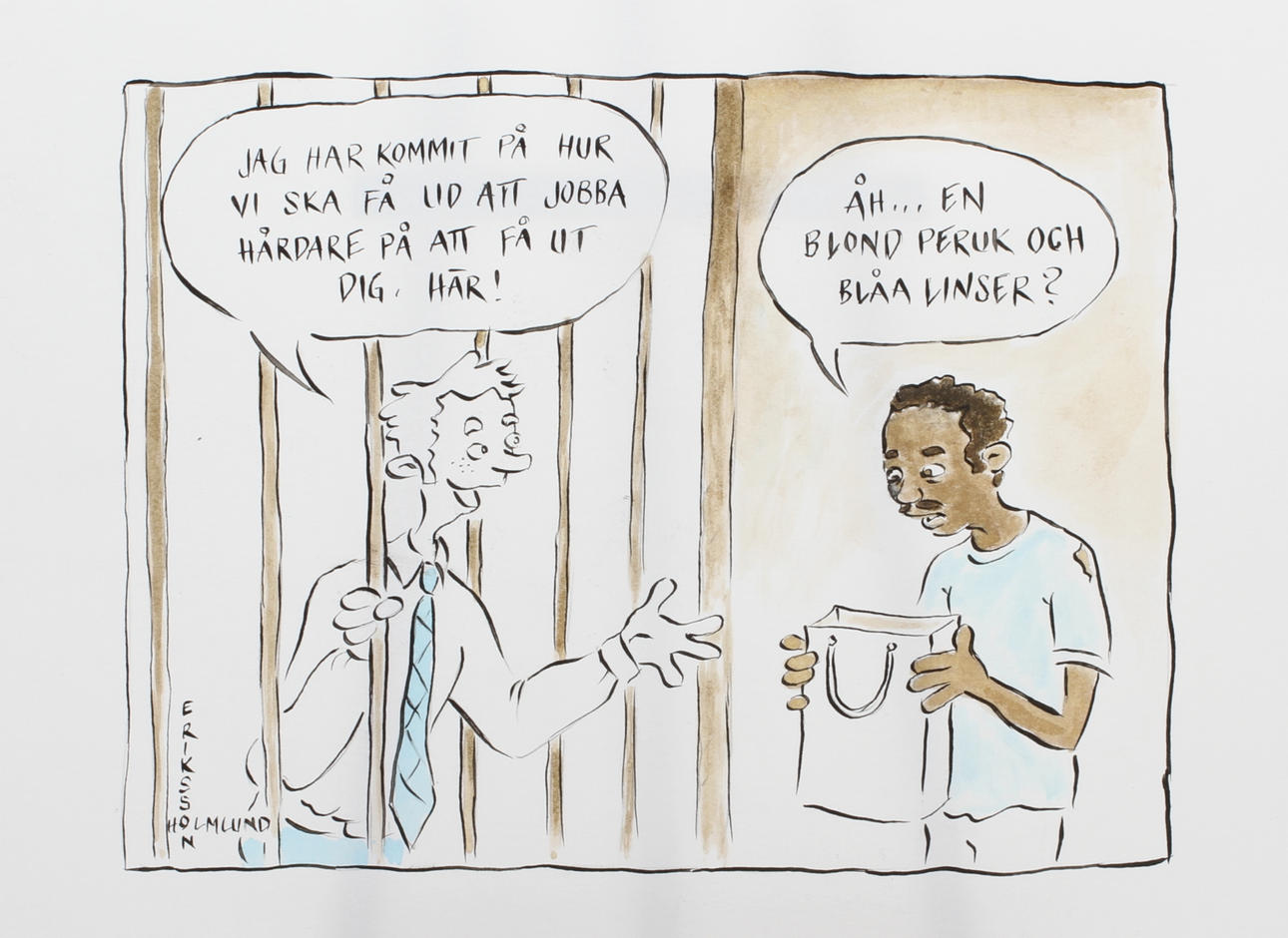 JENNY HOLMLUND OCH PETER X ERIKSSON. Free Dawit Isaak. "Mission impossible". Tusch och akvarell. Signerad Eriksson/Holmlund. Även signerad och daterad 2013-03-21 a tergo.